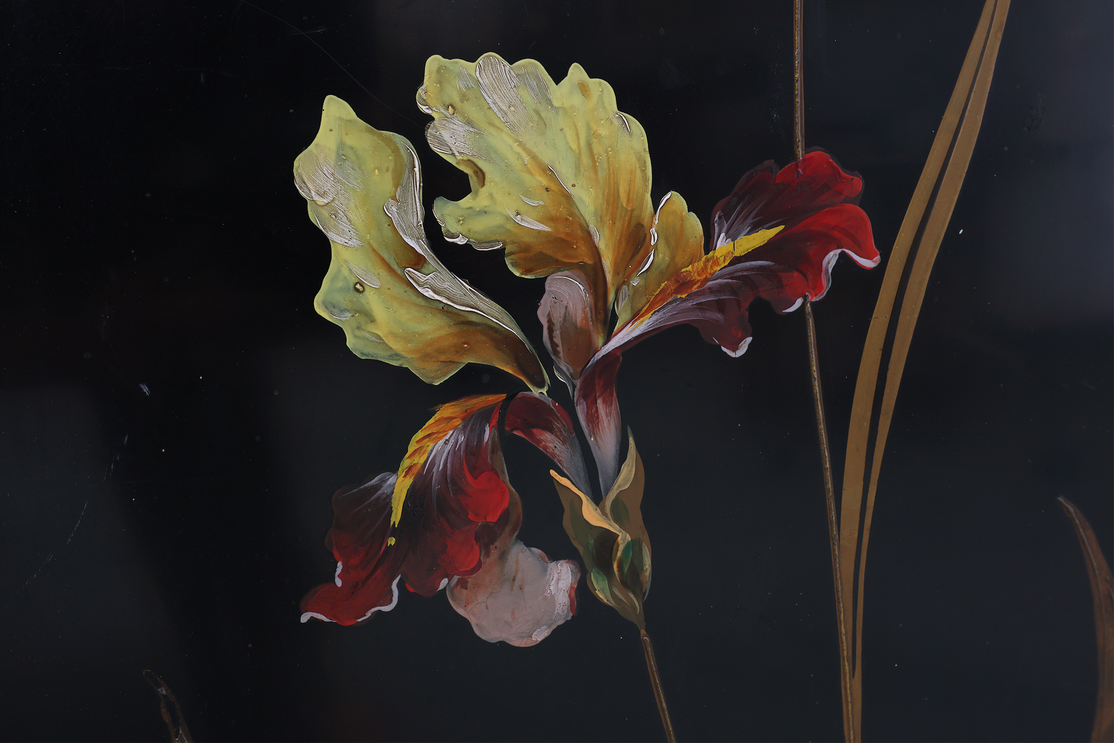 Art Nouveau Black Lacquered Two-Panel Screen with Hand-Painted Irises, France ca. 1910thumbnail